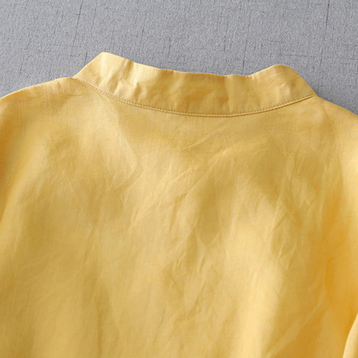 Camisa de lino y algodón de doble capa con manga tres cuartos y botones de rana de color liso con Buddha Stones - image 17