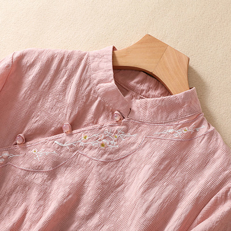 Camisa de lino y algodón de manga corta con botones de rana y bordado de flor de ciruelo con Buddha Stones - image 2