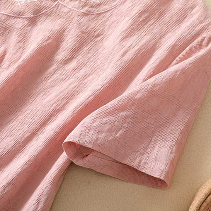 Camisa de lino y algodón de manga corta con botones de rana y bordado de flor de ciruelo con Buddha Stones - image 8