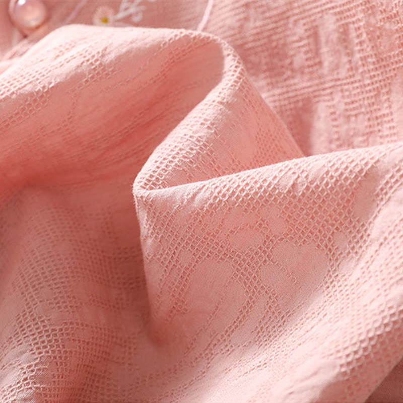 Camisa de lino y algodón de manga corta con botones de rana y bordado de flor de ciruelo con Buddha Stones - image 11