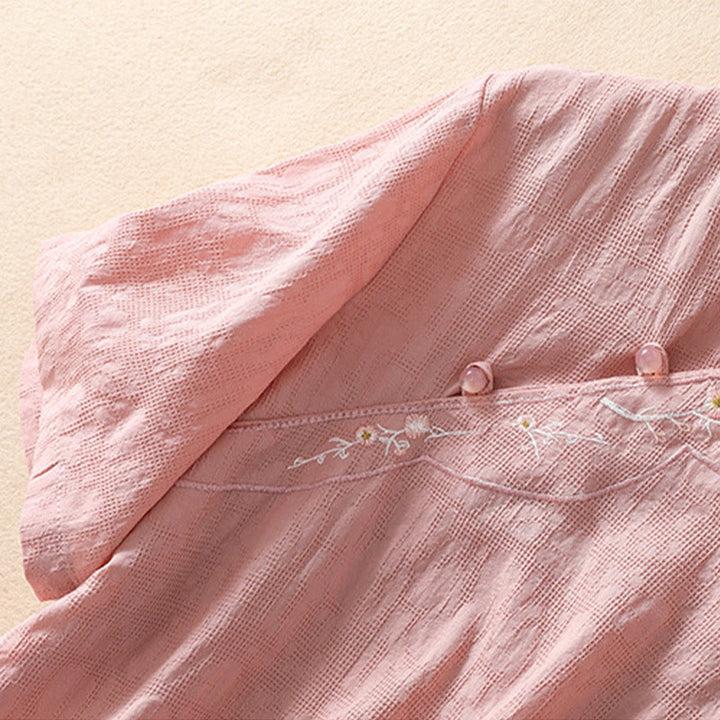 Camisa de lino y algodón de manga corta con botones de rana y bordado de flor de ciruelo con Buddha Stones - image 5