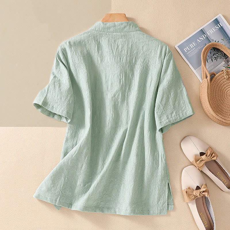 Camisa de lino y algodón de manga corta con botones de rana y bordado de flor de ciruelo con Buddha Stones - image 13