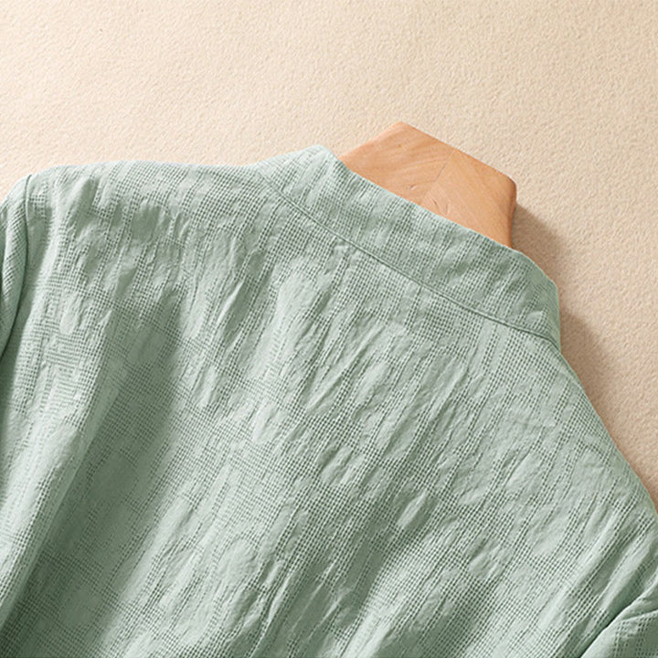 Camisa de lino y algodón de manga corta con botones de rana y bordado de flor de ciruelo con Buddha Stones - image 15