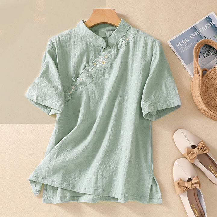 Camisa de lino y algodón de manga corta con botones de rana y bordado de flor de ciruelo con Buddha Stones - Gotas de miel - 2XL(apto para US8-10; UK/AU12-14; UE 40-42) - image 12