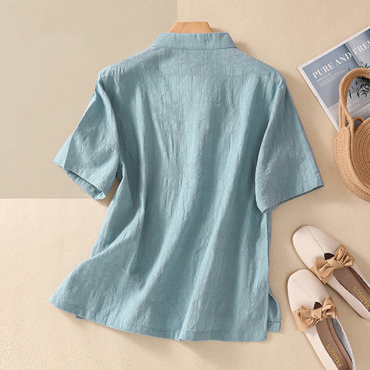 Camisa de lino y algodón de manga corta con botones de rana y bordado de flor de ciruelo con Buddha Stones - image 19