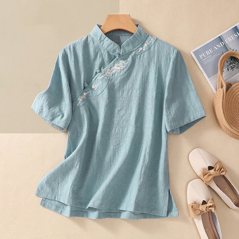 Camisa de lino y algodón de manga corta con botones de rana y bordado de flor de ciruelo con Buddha Stones - Turquesa - 2XL(apto para US8-10; UK/AU12-14; UE 40-42) - image 18