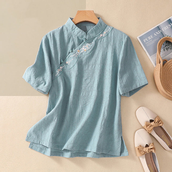 Camisa de lino y algodón de manga corta con botones de rana y bordado de flor de ciruelo con Buddha Stones - Turquesa - 2XL(apto para US8-10; UK/AU12-14; UE 40-42) - image 18
