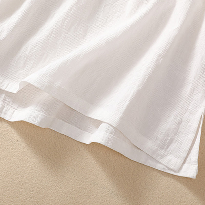 Camisa de lino y algodón de manga corta con botones de rana y bordado de flor de ciruelo con Buddha Stones - image 30