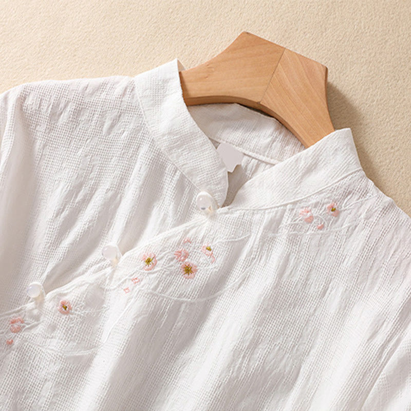 Camisa de lino y algodón de manga corta con botones de rana y bordado de flor de ciruelo con Buddha Stones - image 26