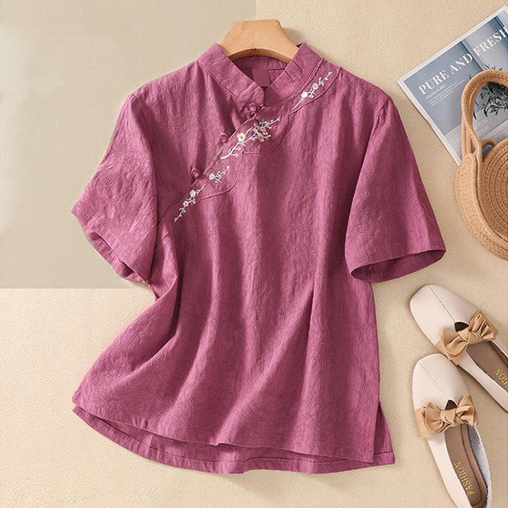 Camisa de lino y algodón de manga corta con botones de rana y bordado de flor de ciruelo con Buddha Stones - Violeta pálido rojo - 2XL(apto para US8-10; UK/AU12-14; UE 40-42) - image 33