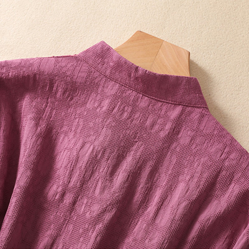 Camisa de lino y algodón de manga corta con botones de rana y bordado de flor de ciruelo con Buddha Stones - image 36