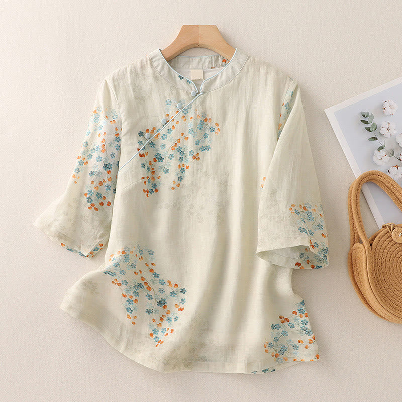 Camisa de manga tres cuartos con botones de rana, flores azules y Buddha Stones, con estampado de hojas naranjas y diseño de piedras de Buda. - US8-10，UK/AU12-14，EU40-42 (2XL) - image 0