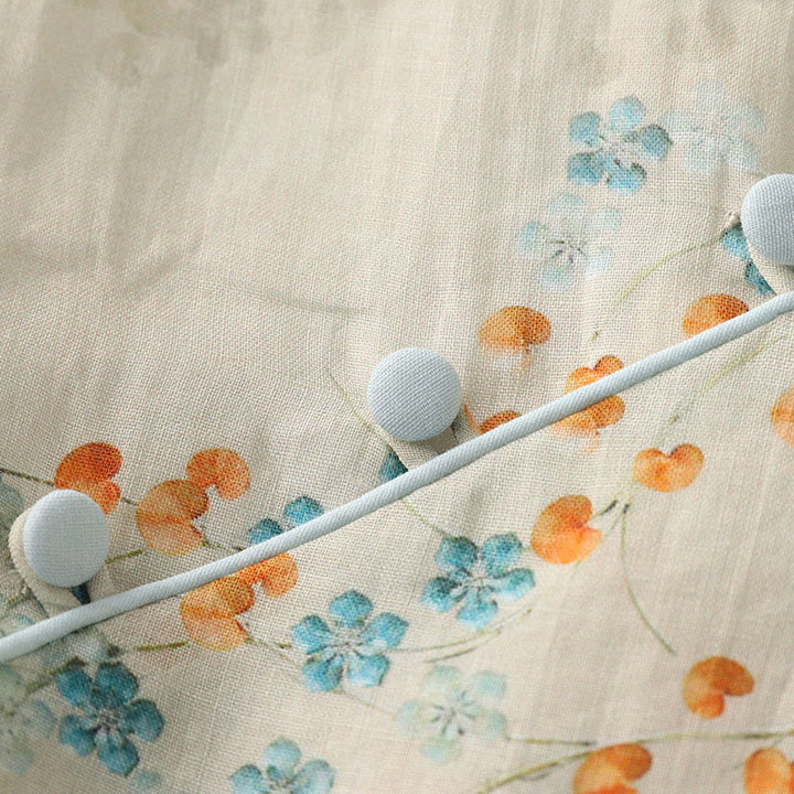 Camisa de lino y algodón con botones de rana y flores azules , Buddha Stones, hojas naranjas - image 8