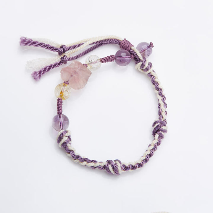 Pulsera de cuerda de protección de ojo de tigre de obsidiana con brillo de plata y amatista de fluorita natural con Buddha Stones