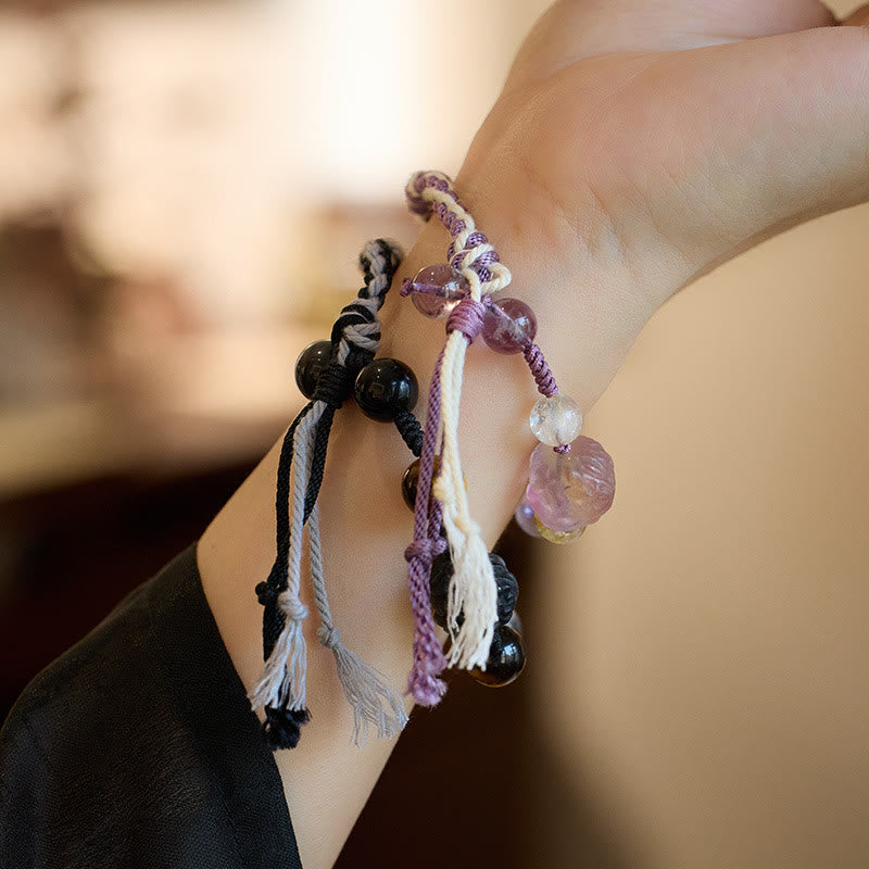 Pulsera de cuerda de protección de ojo de tigre de obsidiana con brillo de plata y amatista de fluorita natural con Buddha Stones