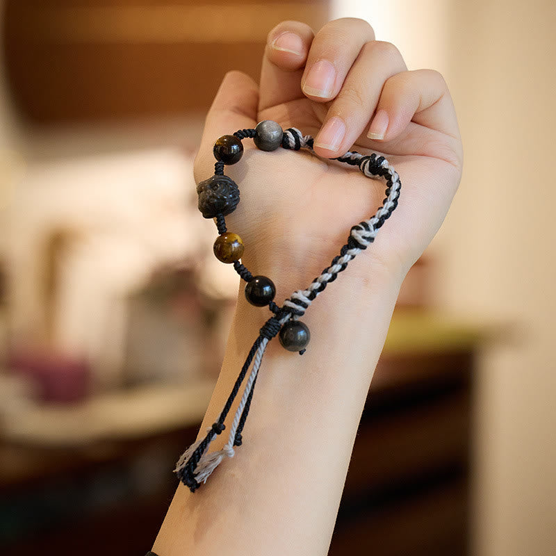 Pulsera de cuerda de protección de ojo de tigre de obsidiana con brillo de plata y amatista de fluorita natural con Buddha Stones