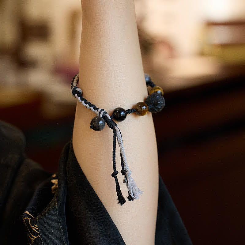 Pulsera de cuerda de protección de ojo de tigre de obsidiana con brillo de plata y amatista de fluorita natural con Buddha Stones