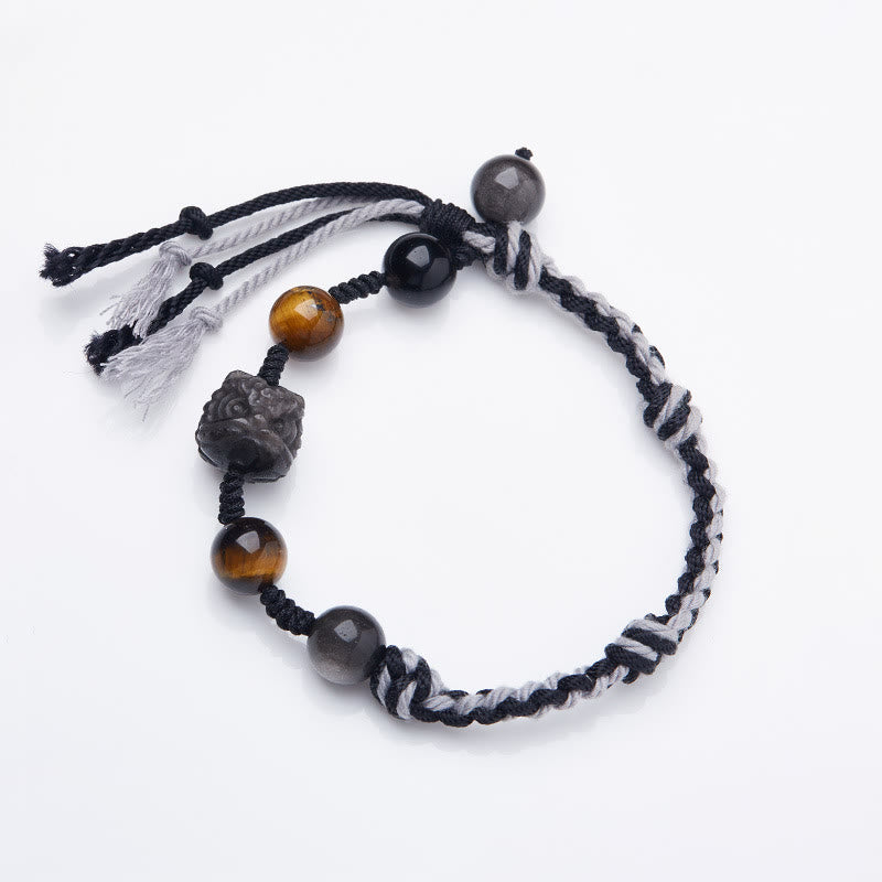 Pulsera de cuerda de protección de ojo de tigre de obsidiana con brillo de plata y amatista de fluorita natural con Buddha Stones