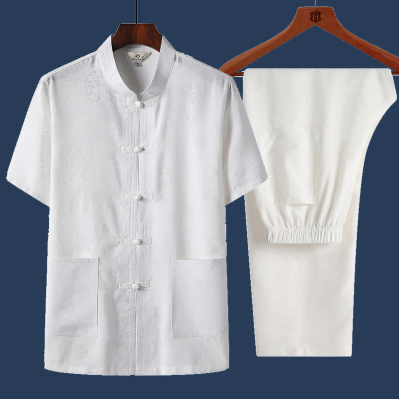 Buddha Stones 2 piezas botón de rana Fu personaje dragón hoja de bambú camisa de manga corta pantalones conjunto de hombres