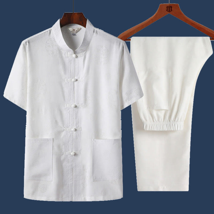 Buddha Stones 2 piezas botón de rana Fu personaje dragón hoja de bambú camisa de manga corta pantalones conjunto de hombres