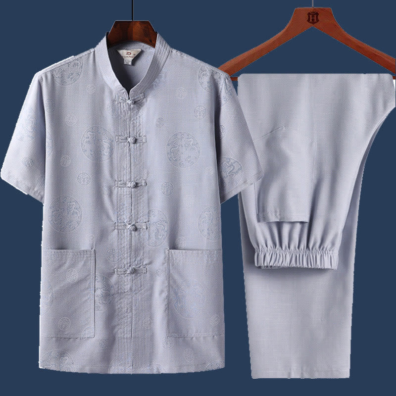 Buddha Stones 2 piezas botón de rana Fu personaje dragón hoja de bambú camisa de manga corta pantalones conjunto de hombres