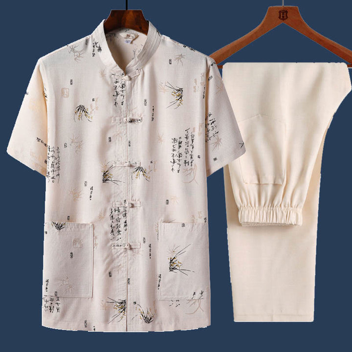 Buddha Stones 2 piezas botón de rana Fu personaje dragón hoja de bambú camisa de manga corta pantalones conjunto de hombres - Amarillo claro - Hoja de bambú - US/UK/AU46，EU56 (4XL) - image 10