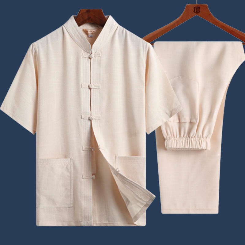 Buddha Stones 2 piezas botón de rana Fu personaje dragón hoja de bambú camisa de manga corta pantalones conjunto de hombres - Amarillo claro - Color sólido - US/UK/AU46，EU56 (4XL) - image 14