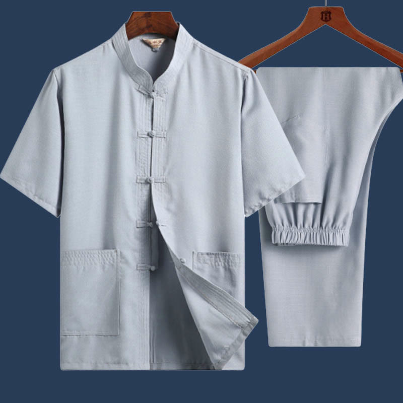 Buddha Stones 2 piezas botón de rana Fu personaje dragón hoja de bambú camisa de manga corta pantalones conjunto de hombres - Azul claro - Color sólido - US/UK/AU46，EU56 (4XL) - image 13