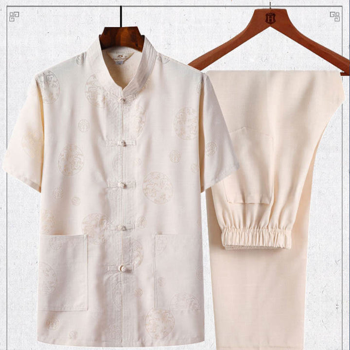 Buddha Stones 2 piezas botón de rana Fu personaje dragón hoja de bambú camisa de manga corta pantalones conjunto de hombres