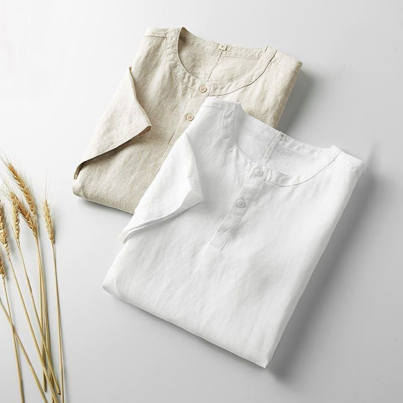 Buddha Stones Camisa de lino y algodón de manga corta con botones de color sólido de verano para hombre - image 2