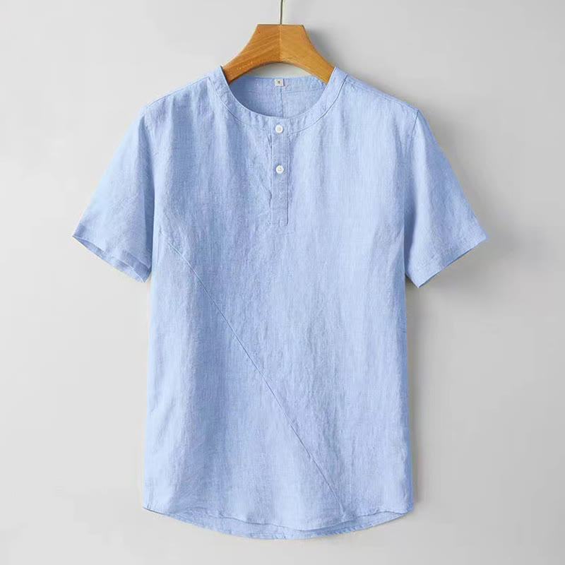 Buddha Stones Camisa de lino y algodón de manga corta con botones de color sólido de verano para hombre - Azul cielo claro - US/UK/AU48, UE58 (4XL) - image 8