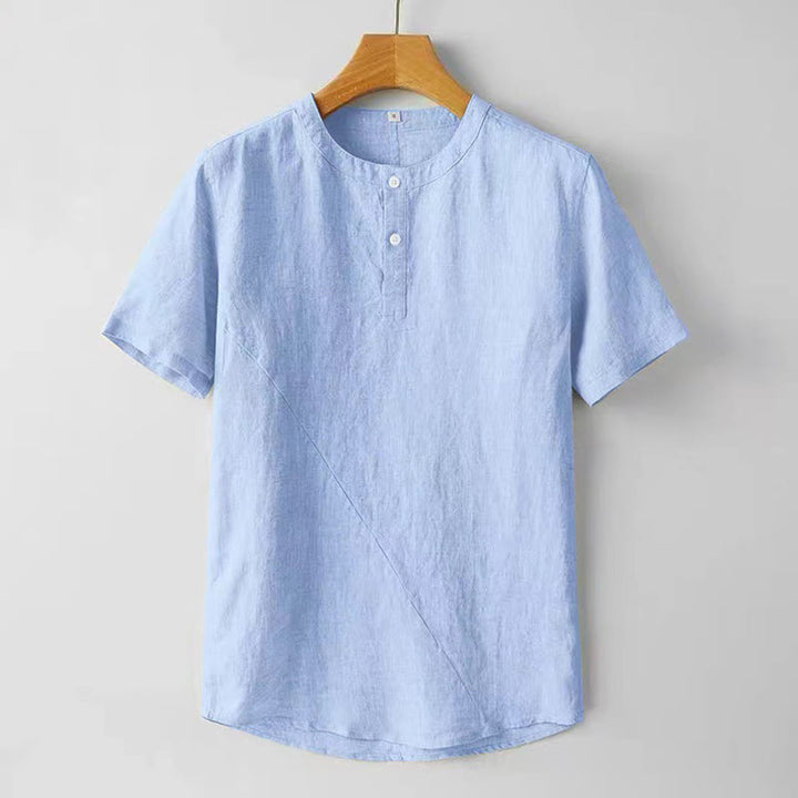Buddha Stones Camisa de lino y algodón de manga corta con botones de color sólido de verano para hombre - Azul cielo claro - US/UK/AU48, UE58 (4XL) - image 8