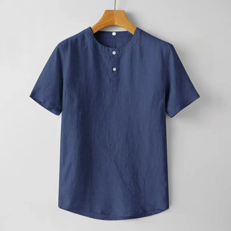 Buddha Stones Camisa de lino y algodón de manga corta con botones de color sólido de verano para hombre - Azul acero - US/UK/AU48, UE58 (4XL) - image 10