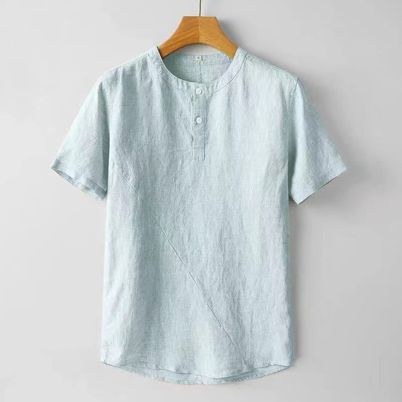Buddha Stones Camisa de lino y algodón de manga corta con botones de color sólido de verano para hombre - Azul claro - US/UK/AU48, UE58 (4XL) - image 9