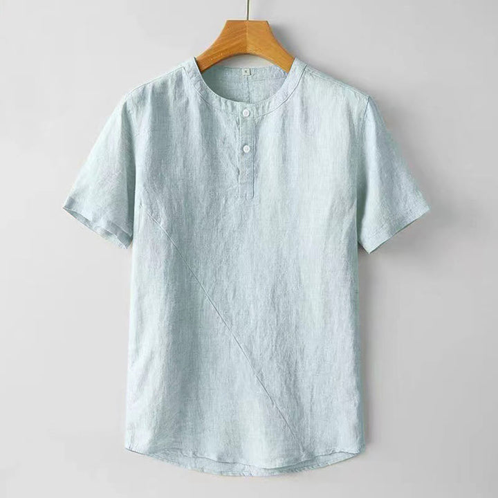 Buddha Stones Camisa de lino y algodón de manga corta con botones de color sólido de verano para hombre - Azul claro - US/UK/AU48, UE58 (4XL) - image 9