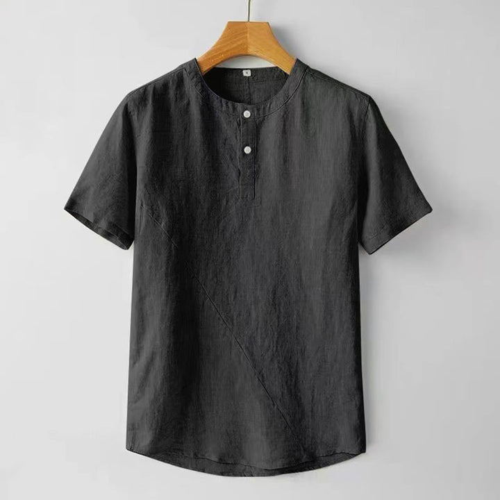 Buddha Stones Camisa de lino y algodón de manga corta con botones de color sólido de verano para hombre - Negro - US/UK/AU48, UE58 (4XL) - image 6