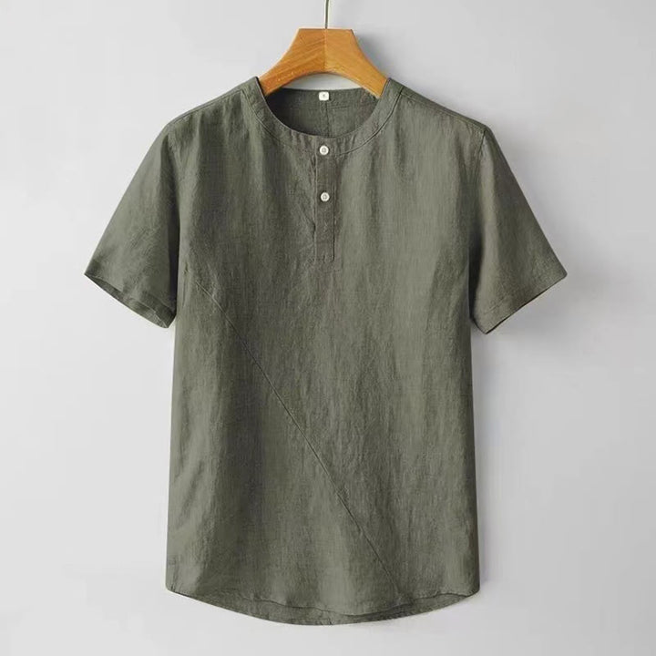 Buddha Stones Camisa de lino y algodón de manga corta con botones de color sólido de verano para hombre - Verde mar oscuro - US/UK/AU48, UE58 (4XL) - image 11