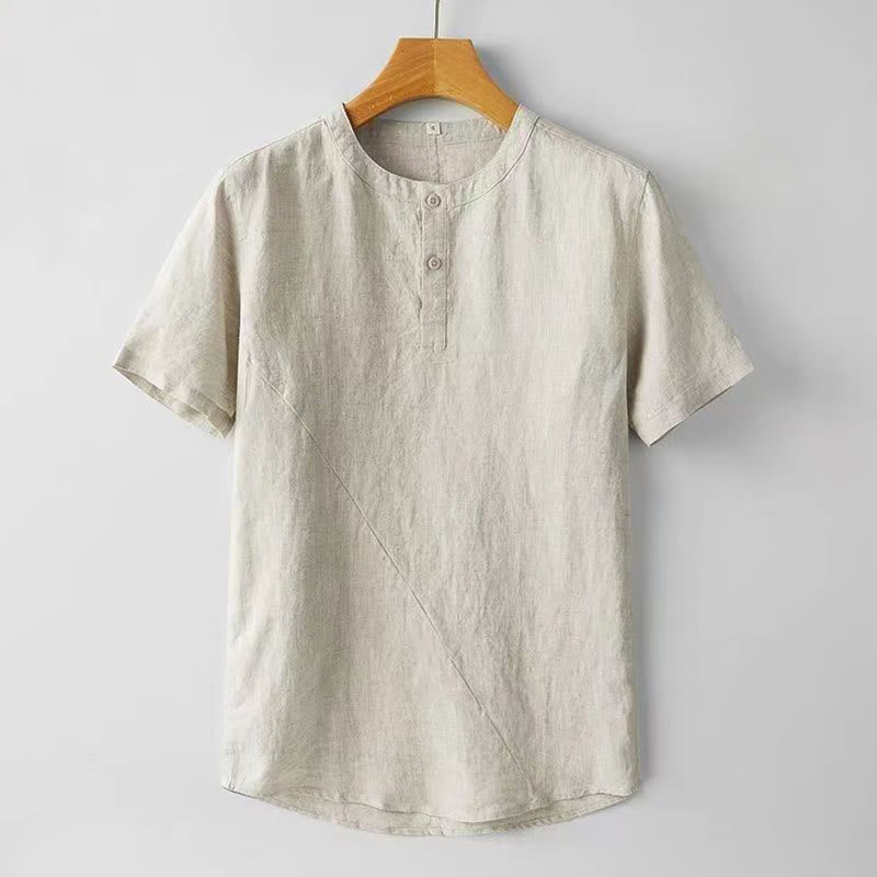 Buddha Stones Camisa de lino y algodón de manga corta con botones de color sólido de verano para hombre - Lino - US/UK/AU48, UE58 (4XL) - image 0