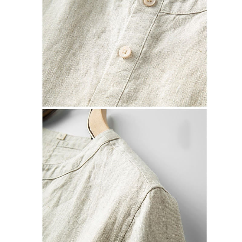 Buddha Stones Camisa de lino y algodón de manga corta con botones de color sólido de verano para hombre - image 2