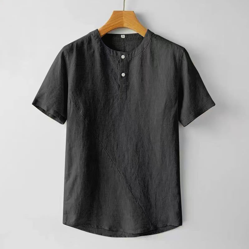 Buddha Stones Camisa de lino y algodón de manga corta con botones de color sólido de verano para hombre - Negro - US/UK/AU48, UE58 (4XL) - image 7