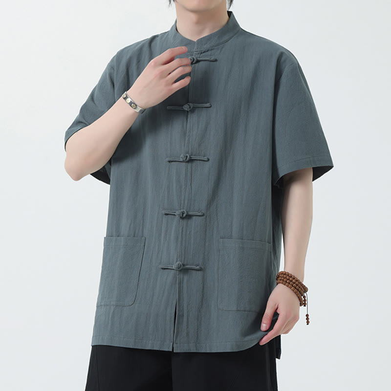 Buddha Stones Botón de Rana Traje Chino Camisa de Manga Corta Ropa de Lino para Hombres con Bolsillos - Gris pizarra claro - US/UK/AU44, UE 54 (5XL) - image 7