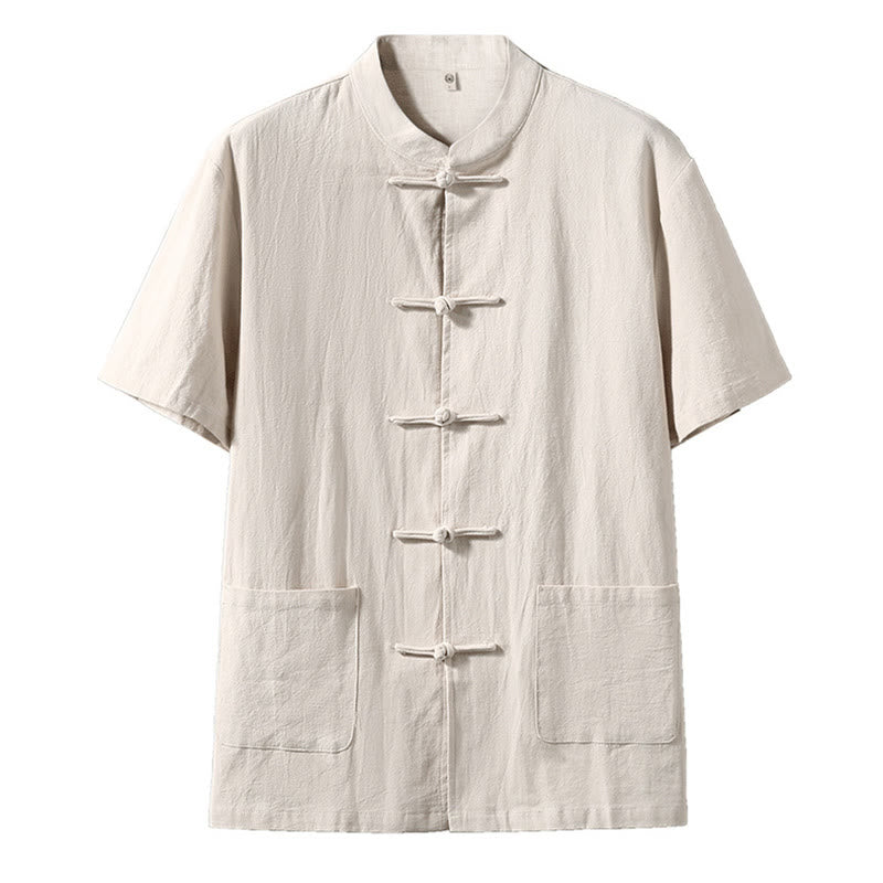 Buddha Stones Botón de Rana Traje Chino Camisa de Manga Corta Ropa de Lino para Hombres con Bolsillos - Lino - US/UK/AU46, EU56 (5XL) - image 7