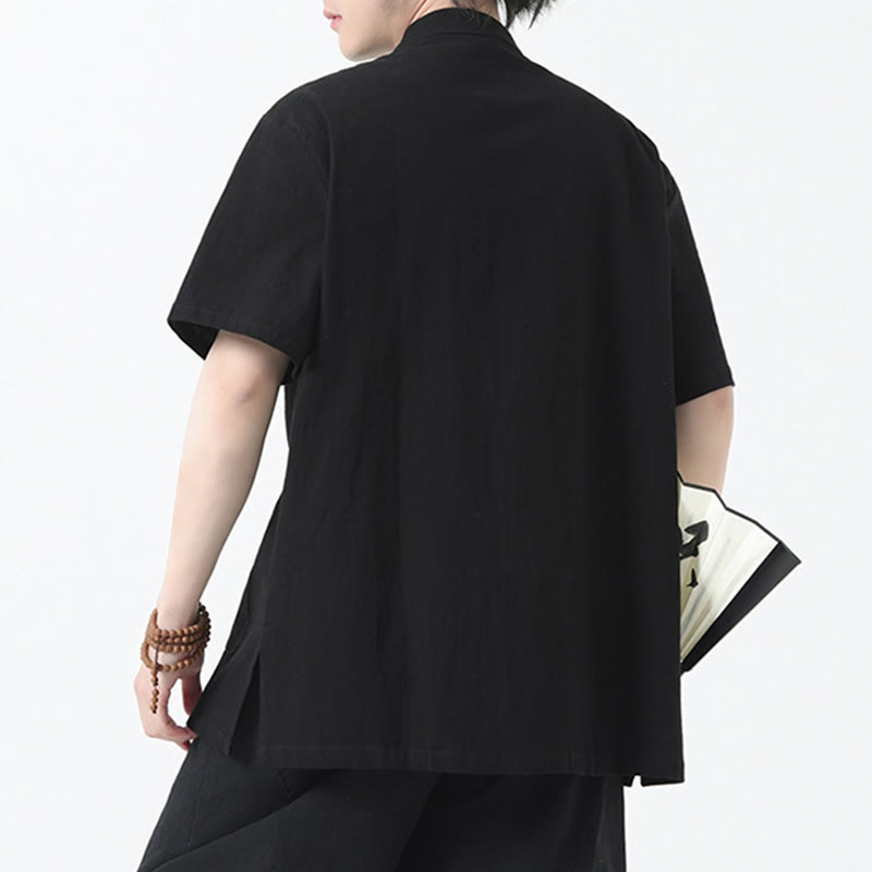 Buddha Stones Botón de Rana Traje Chino Camisa de Manga Corta Ropa de Lino para Hombres con Bolsillos - image 4