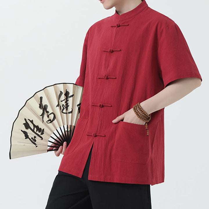 Buddha Stones Botón de Rana Traje Chino Camisa de Manga Corta Ropa de Lino para Hombres con Bolsillos - image 2