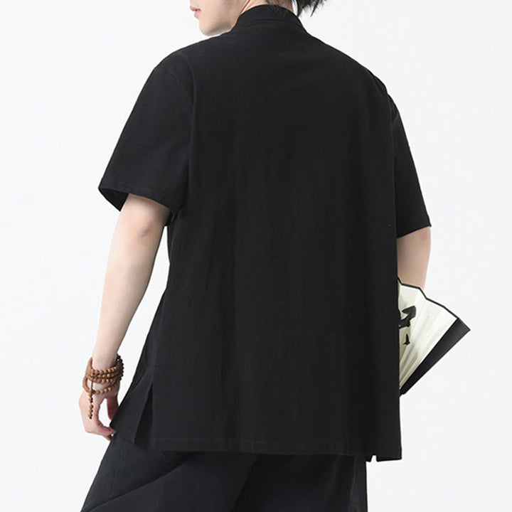 Buddha Stones Botón de Rana Traje Chino Camisa de Manga Corta Ropa de Lino para Hombres con Bolsillos - image 4