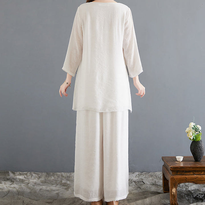 Buddha Stones 2 piezas camisa de manga larga con botones de rana pantalones de pierna ancha ropa de lino de algodón para meditación