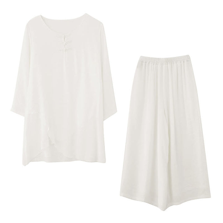 Buddha Stones 2 piezas camisa de manga larga con botones de rana pantalones de pierna ancha ropa de lino de algodón para meditación - image 13