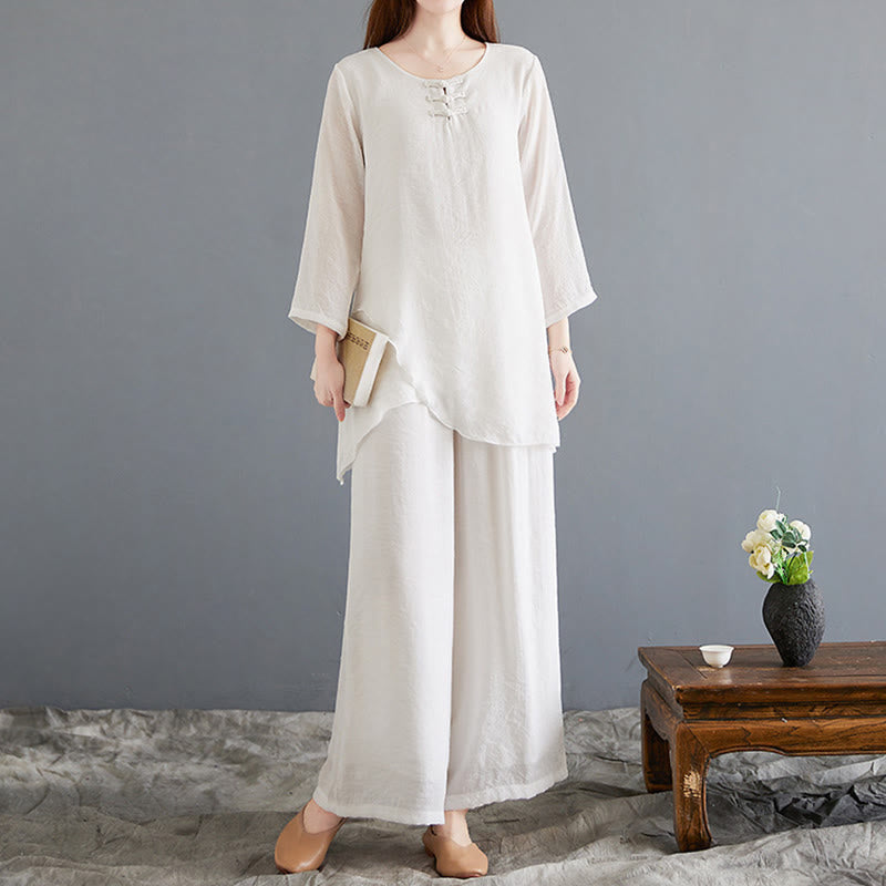 Buddha Stones 2 piezas camisa de manga larga con botones de rana pantalones de pierna ancha ropa de lino de algodón para meditación