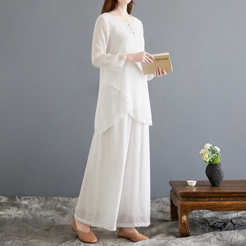 Buddha Stones 2 piezas camisa de manga larga con botones de rana pantalones de pierna ancha ropa de lino de algodón para meditación