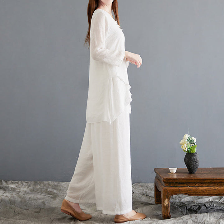 Buddha Stones 2 piezas camisa de manga larga con botones de rana pantalones de pierna ancha ropa de lino de algodón para meditación